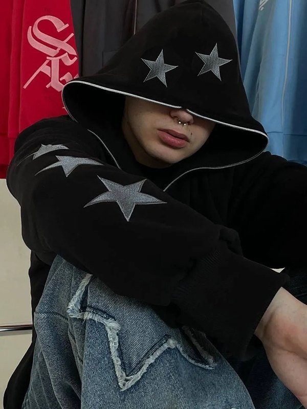 Hoodie mit Reißverschluss für Herren mit Punkstar-Stickerei-1
