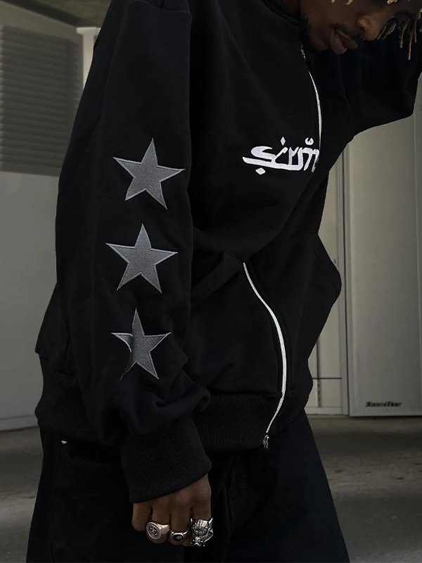 Hoodie mit Reißverschluss für Herren mit Punkstar-Stickerei-2