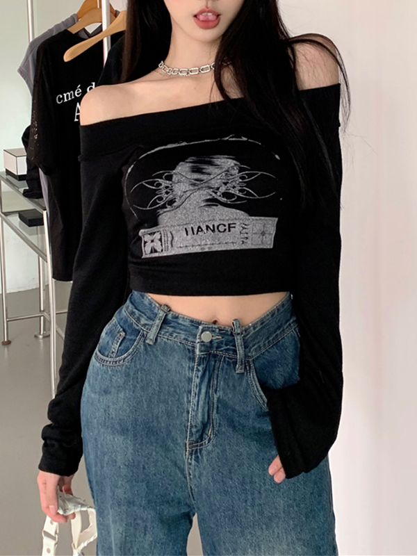 Schulterfreies Langarm-T-Shirt mit abstraktem Print-2