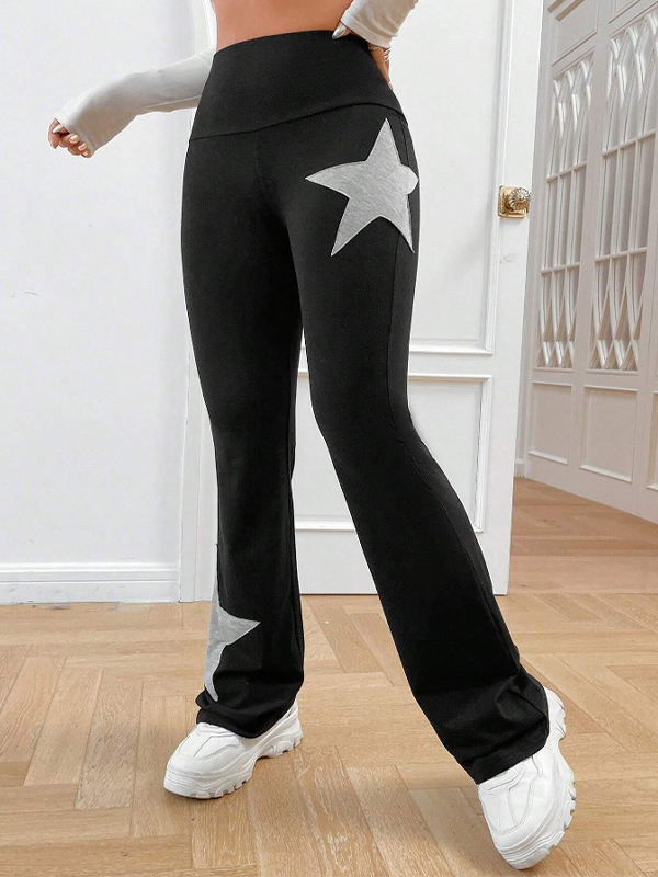 Hochelastische Hose mit hohem Bund und ausgestelltem Bein und Sternenmuster-2